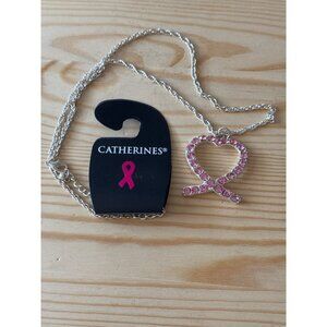 Catherines Silver Tone Necklace With Pink Rhinestone Heart Ribbon Pendant